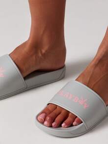 Missguided x Playboy Home Slippers Pool Slides Bath House Sandals With Brand Logo Indoor Outdoor Beach Resort Collection Summer Footwear - Grey - View 2
