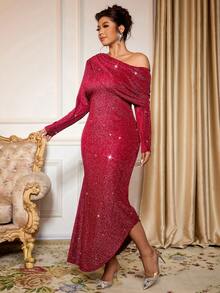 Cravure Plus Size Women's Elegant Oblique Shoulder Long Sleeve Cinched Waist Bodycon Dress, Suitable For Outings, Gatherings, Back To School Season - Burgundy - View 7