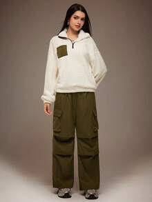 Sparklyn 少女休闲街头抓绒卫衣和工装裤套装，加厚保暖秋冬校园装 - 軍綠色 - 查看 5