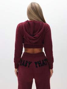 BABYPHAT Sudadera con capucha de punto suave con cremallera acortada para mujer, de manga larga, cuello en V, ajuste delgado, casual y de estar en casa para otoño e invierno - Burdeos - Ver 8
