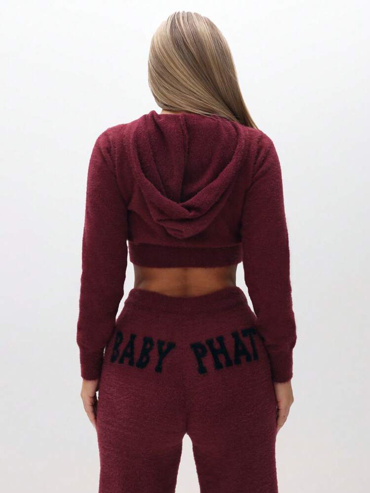 BABYPHAT 여성용 퍼지 니트 크롭 집업 후드티 가을 겨울 긴소매 브이넥 슬림핏 캐주얼 라운지 탑