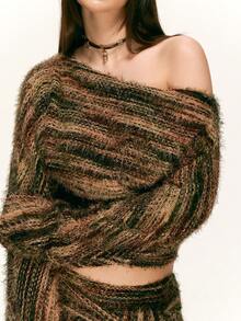 Rina Fox 女式条纹不对称肩长袖上衣和短裤两件套 - 彩色 - 查看 5