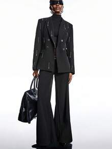 LYSMO 2025 极简主义冬季派对女士翻领长袖链条装饰双排扣收腰西装外套/圣诞节/女士圣诞节/圣诞节/新年/新年/感恩节/返校季/返校节/2000年代风格/Y2K女装/街头服饰