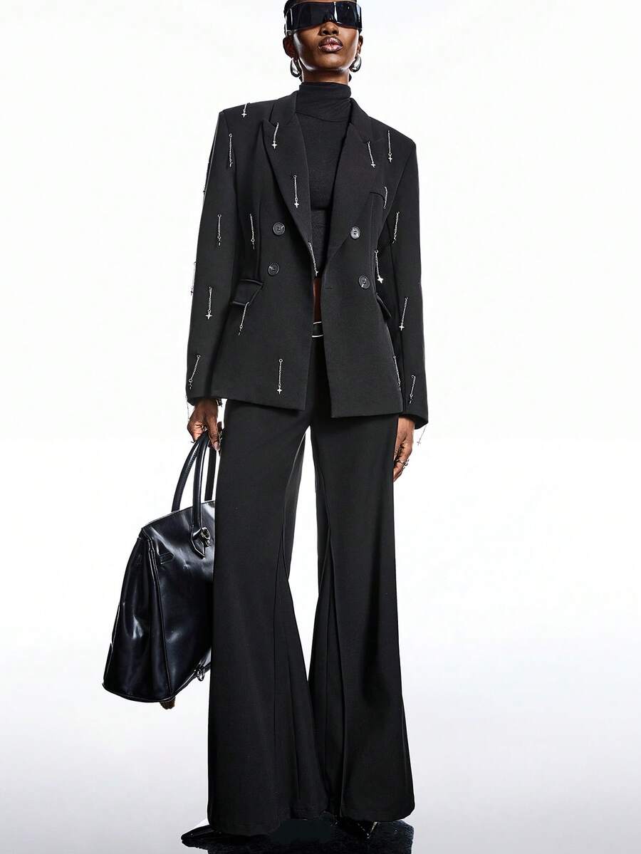 LYSMO 2025 极简主义冬季派对女士翻领长袖链条装饰双排扣收腰西装外套/圣诞节/女士圣诞节/圣诞节/新年/新年/感恩节/返校季/返校节/2000年代风格/Y2K女装/街头服饰