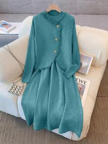 GlowEve 女士时尚高端别致圆领修身休闲流苏单排扣针织背心和长袖针织连衣裙套装，秋冬款 - 水鴨藍 - 查看 4