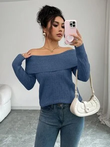 Selianne Top de manga larga ajustado con hombros descubiertos y cuello estilo americano sexy, diseño exclusivo de alta gama, adecuado para otoño/invierno - Dark Blue - Ver 5