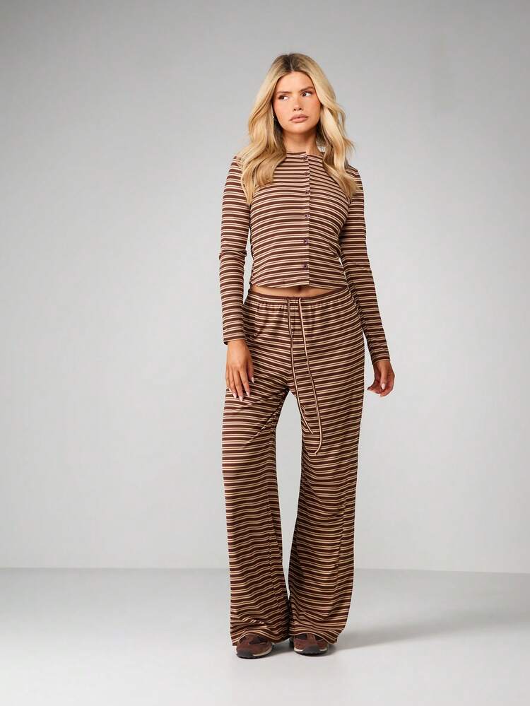 MISSGUIDED Ribbed Knit Two Piece Set Long Sleeve Top Wide Leg Pants Horizontal Striped Lounge Co Ord Fall Winter Casual Matching Outfit