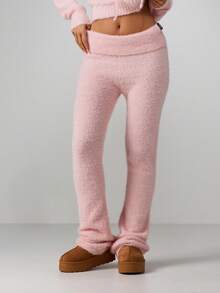 Missguided x Playboy Fluffy Knit Fold Over Waist Flared Yoga Pants With Script Detail - Pink - View 2