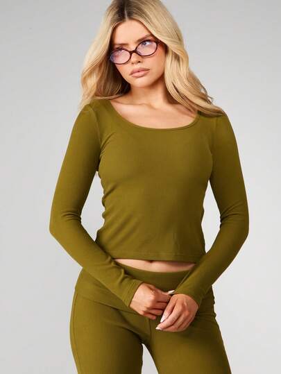 MISSGUIDED Olive Ribbed Knit Extreme Scoop Neck Long Sleeve Top Fall Winter Cropped Fitted Lounge Top