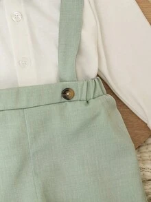 SHEIN 两件套男婴可爱绅士风正式套装，包括白色长袖领衬衫（带蝴蝶结）和休闲背带裤，时尚优雅帅气，适合生日派对、庆典、演出、婚礼、迎婴派对、洗礼等正式场合，春秋季穿着。 - 綠色 - 查看 7