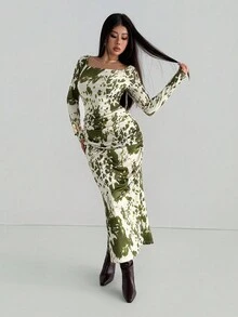 Aidyla 秋季豹纹针织数码印花长袖派对腰部修身优雅风格女式连衣裙，多色 - 綠色 - 查看 5