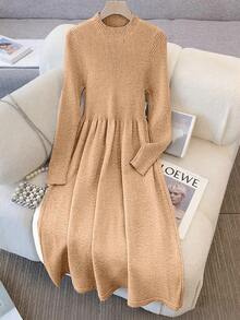 GlowEve Fashionable High-End Chic Round Neck Slimming Casual Long Cardigan & Knit Dress Two Pieces Set, Autumn/Winter - Khaki - View 6