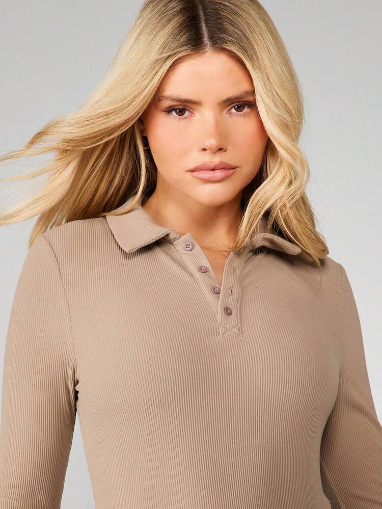 MISSGUIDED Ribbed Knit Long Sleeve Collared Bodysuit For Women Fall Winter Casual Loungewear