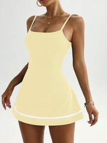 Gameset SHEIN Sport Adjustable Strap Contrast Stripe Hem Tankini Dress With Shorts, Suitable For Spring/Summer - Yellow - View 8