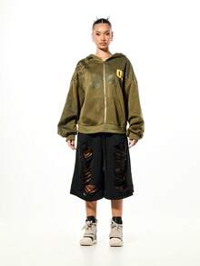 SUMWON Plus Size Camouflage Print Full Zip Hoodie With Drawstring And Front Centre Pocket/Winter - Army Green - View 3