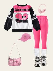 Young Girl Contrast Color Round Neck Long Sleeve Creative Numeric Pattern Casual Pullover Pullover Sweatshirt Set - Multicolor - View 2