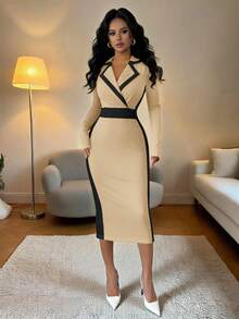 Elenzga Váy đen ngắn tay dáng ôm bó sát cổ bẻ màu tương phản thanh lịch dành cho nữ, mùa thu/đông - Màu Khaki - Xem 6