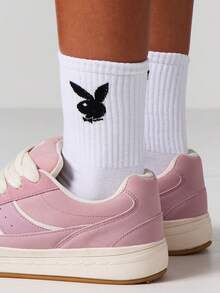 Missguided x Playboy 兔子标志船袜 - 白色罗纹短袜，黑色刺绣图案 - 白色 - 查看 4