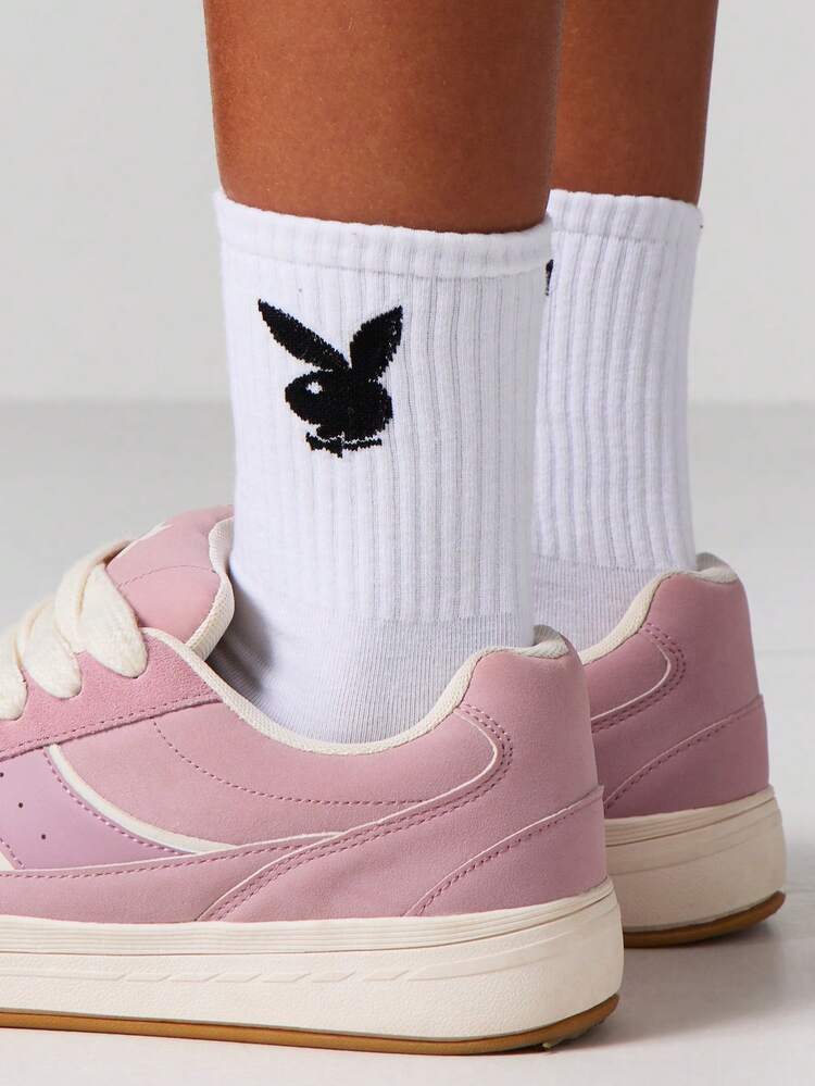 Missguided x Playboy Bunny Logo Crew Socks - White Ribbed Ankle Socks With Black Embroidered Design