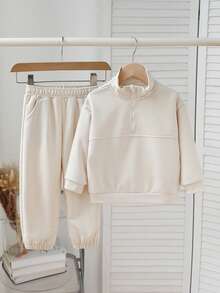 SHEIN Young Girls' Casual Solid Color Sweatshirt & Sweatpants Set - Apricot - View 4