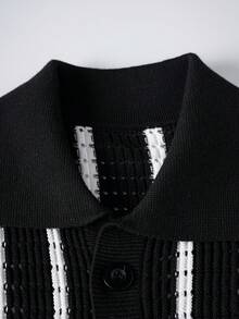 Claim Dot Men's Contrast Stripe Hollow Out Long Sleeve Cardigan Men Knitted Button Up Men Crochet Shirt Men Striped Long Sleeves Men White Stripe Shirt Men Black And White Shirt