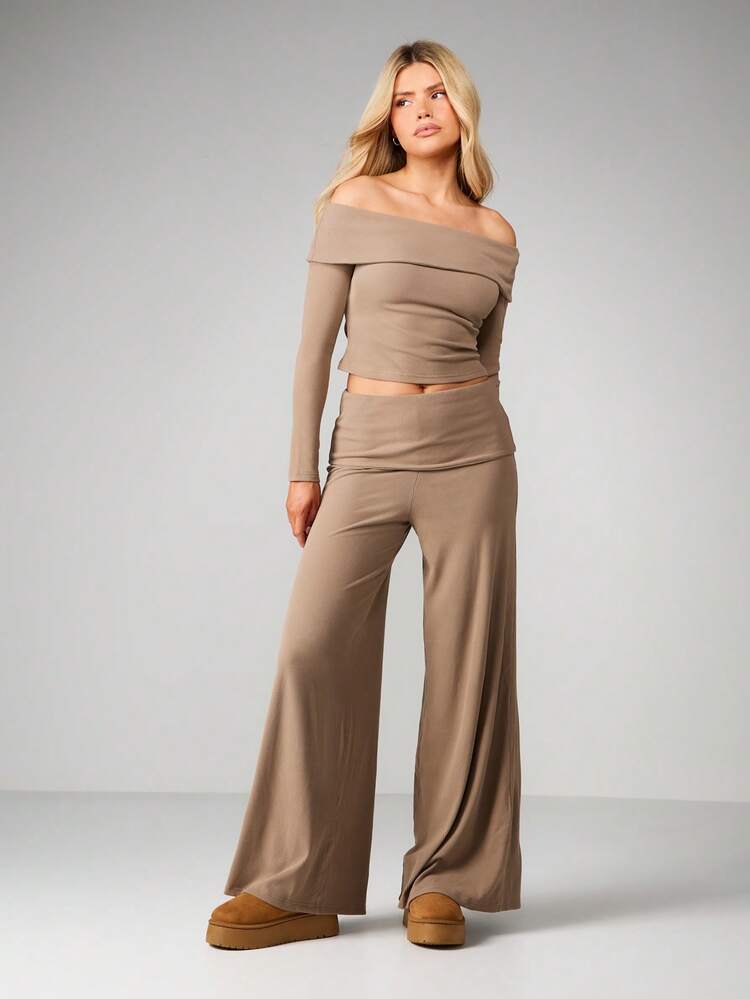 MISSGUIDED Off Shoulder Ribbed Top And Wide Leg Palazzo Co Ord Set Long Sleeve Loungewear