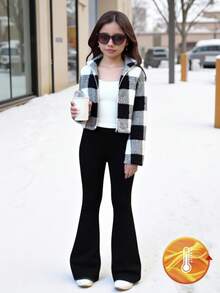 SHEIN Bộ 3 món cho bé gái tuổi mới lớn: Áo khoác ngắn kẻ caro dệt kim, áo hai dây dệt kim trơn màu và quần ống loe - Đen và trắng - Xem 8