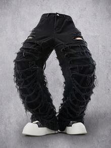 Manfinity Denimwave Men's Casual Distressed Ripped Raw Hem Black Jeans Punk Pants Men - Black - View 6