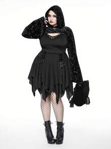 ROMWE Goth 大码哥特式星月亮片羊毛装饰短款优雅闪亮外套，适合秋季穿着；大码女式秋冬黑色连帽短款长袖卫衣；大码黑色连帽卫衣，适合秋冬穿着；哥特风短款上衣，适合圣诞节穿着。 - 黑色 - 查看 15