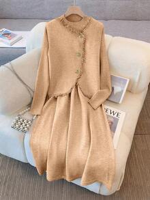 GlowEve Fashionable High-End Chic Round Neck Slimming Casual Long Cardigan & Knit Dress Two Pieces Set, Autumn/Winter - Khaki - View 4