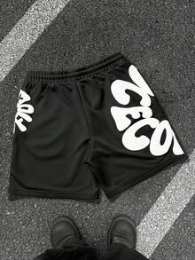 SLATEMANN 男士字母印花抽绳腰休闲宽松短裤 - 黑色 - 查看 2