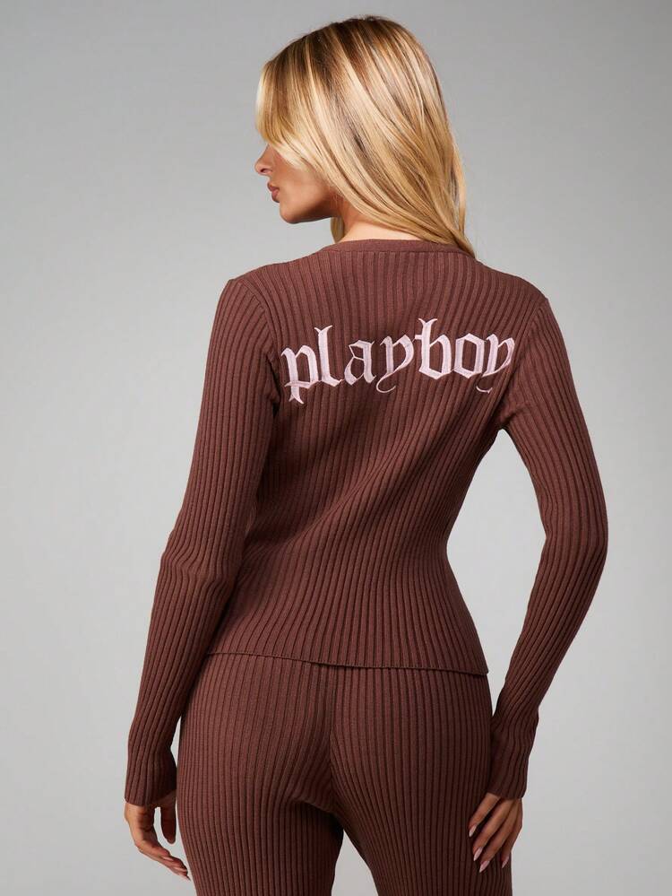 Missguided x Playboy Ribbed Knit Lightweight Cardigan With Brand Logo And Button Closure For Fall Layering