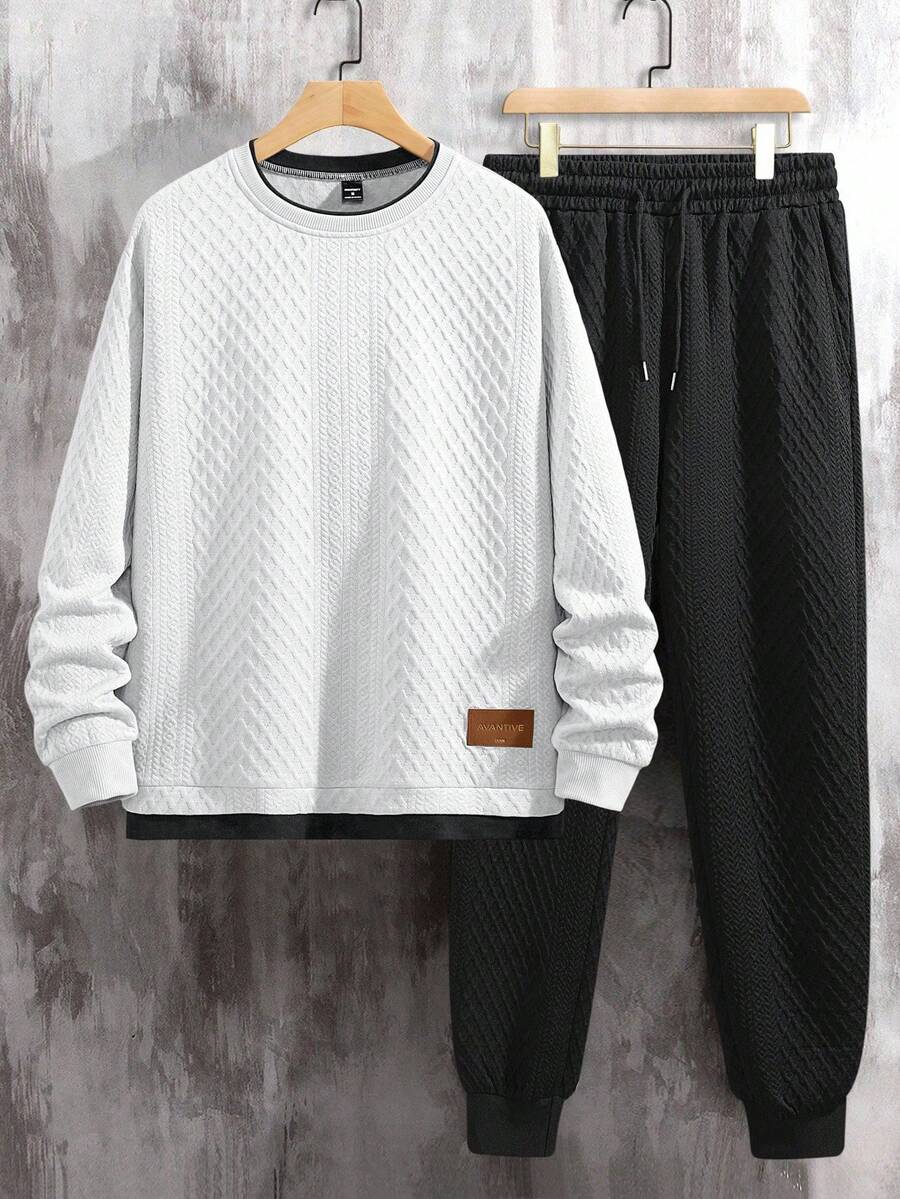 Manfinity Homme 男士撞色滚边套头衫卫衣和运动裤套装 - 白色 - 查看 1