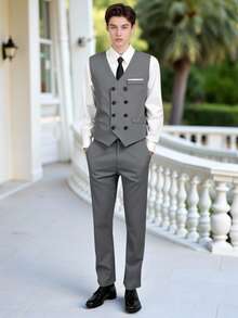SHEIN 3pcs Teenage Grey Gentleman Suit Set: Blazer Vest,White Shirt,Trousers For Summer Graduation,Piano Performance,Wedding&Formal Occasions - Light Grey - View 8