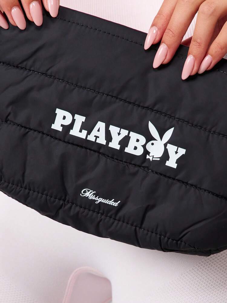 Missguided x Playboy Quilted Logo Cosmetic Makeup Pouch Travel Organizer Bag With Zipper Closure, Vacation Outfit