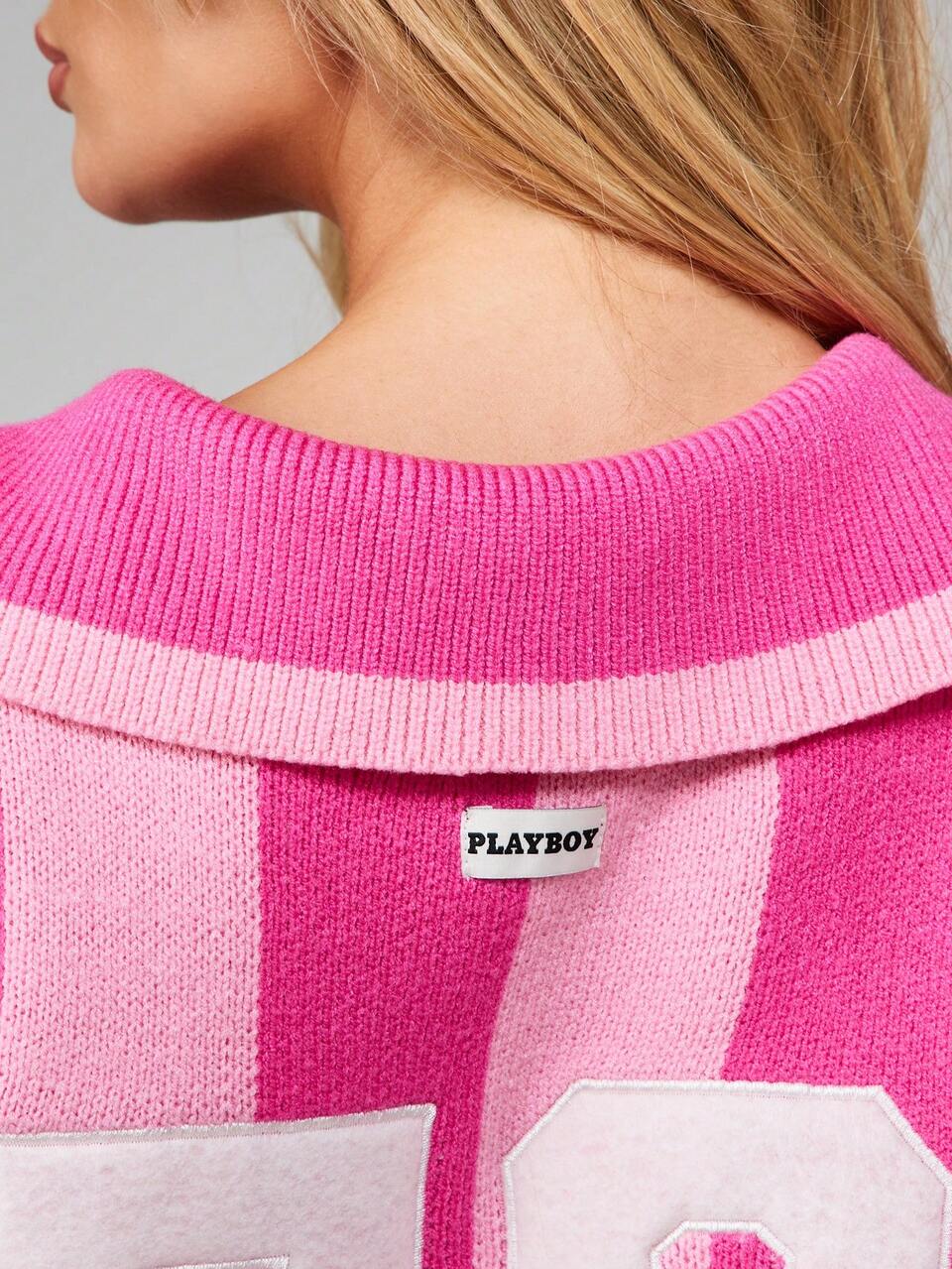 Missguided x Playboy Striped Knit Collared Crop Fit Sweater With Branded Script For Autumn Winter