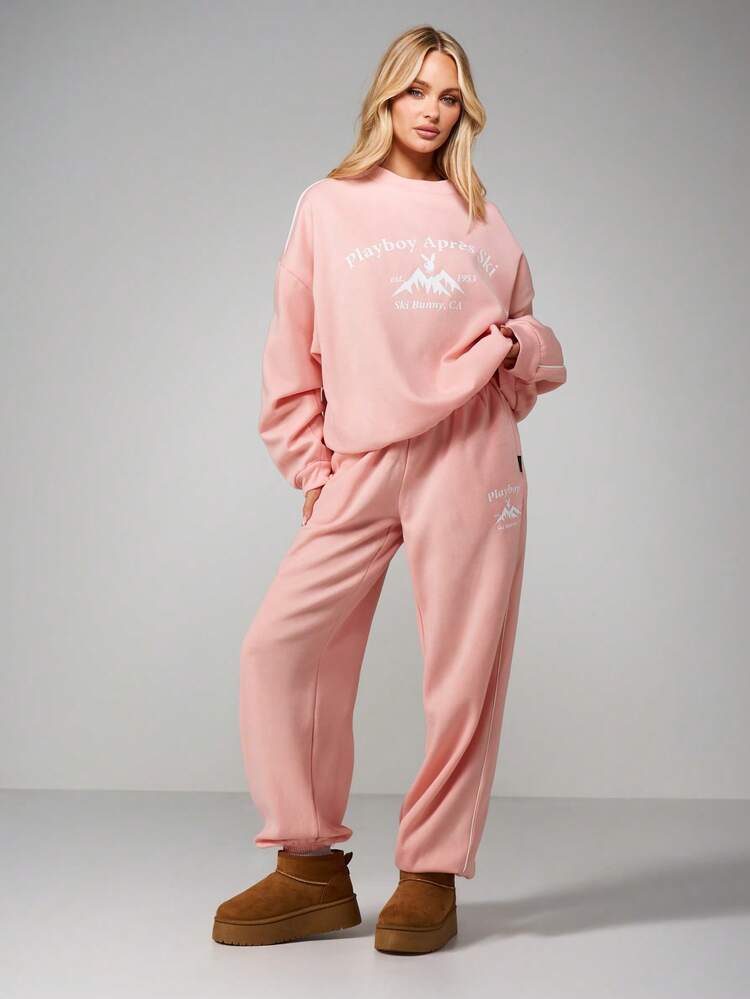 Missguided x Playboy Logo Drawstring Joggers Cuffed Sweatpants With Mountain Print Graphics
