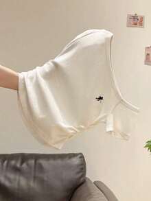 INAWLY 女士撞色刺绣不对称领短袖T恤