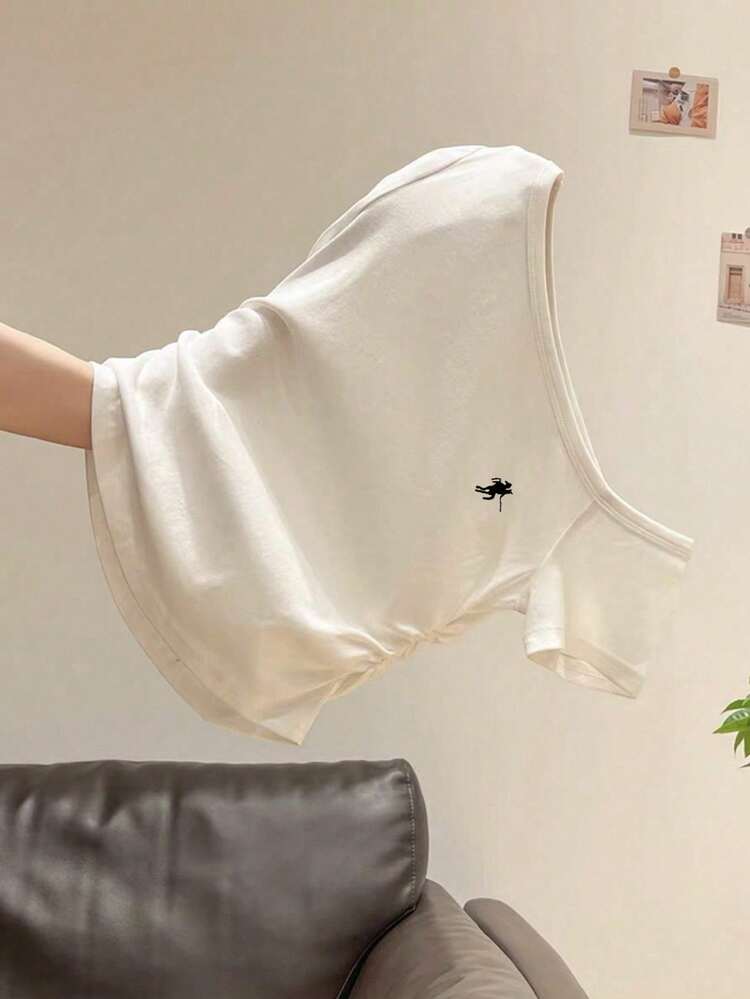 Camiseta de mujer de verano nueva, sexy, con hombros asimétricos, lazo, bordado, volantes y ajuste ceñido que deja el hombro al descubierto - Blanco 4 - Añade 2