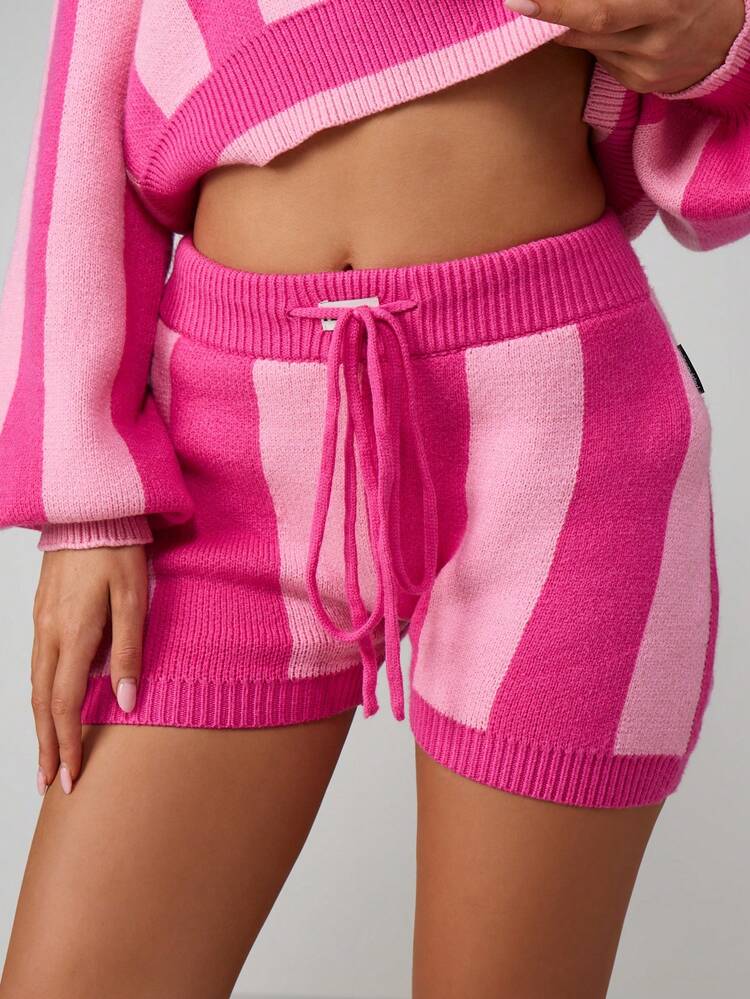 Missguided x Playboy Women Knitted Shorts With Vertical Stripes And Cursive Script Embroidery Perfect For Spring Summer Loungewear