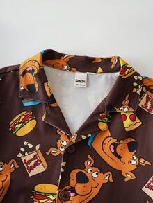 SCOOBY-DOO X SHEIN Bộ đồ ngủ in hình chó Hamburger hoạt hình cho bé trai tuổi teen, thu/đông - Cà phê nâu - Xem 5