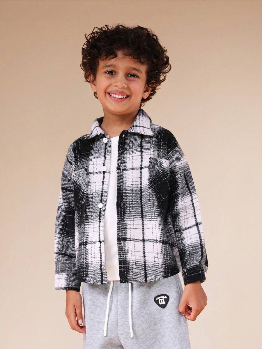 SUMWON Boys Flannel Plaid Button Down Long Sleeve Shirt Fall Winter Casual School - Black and White - View 1