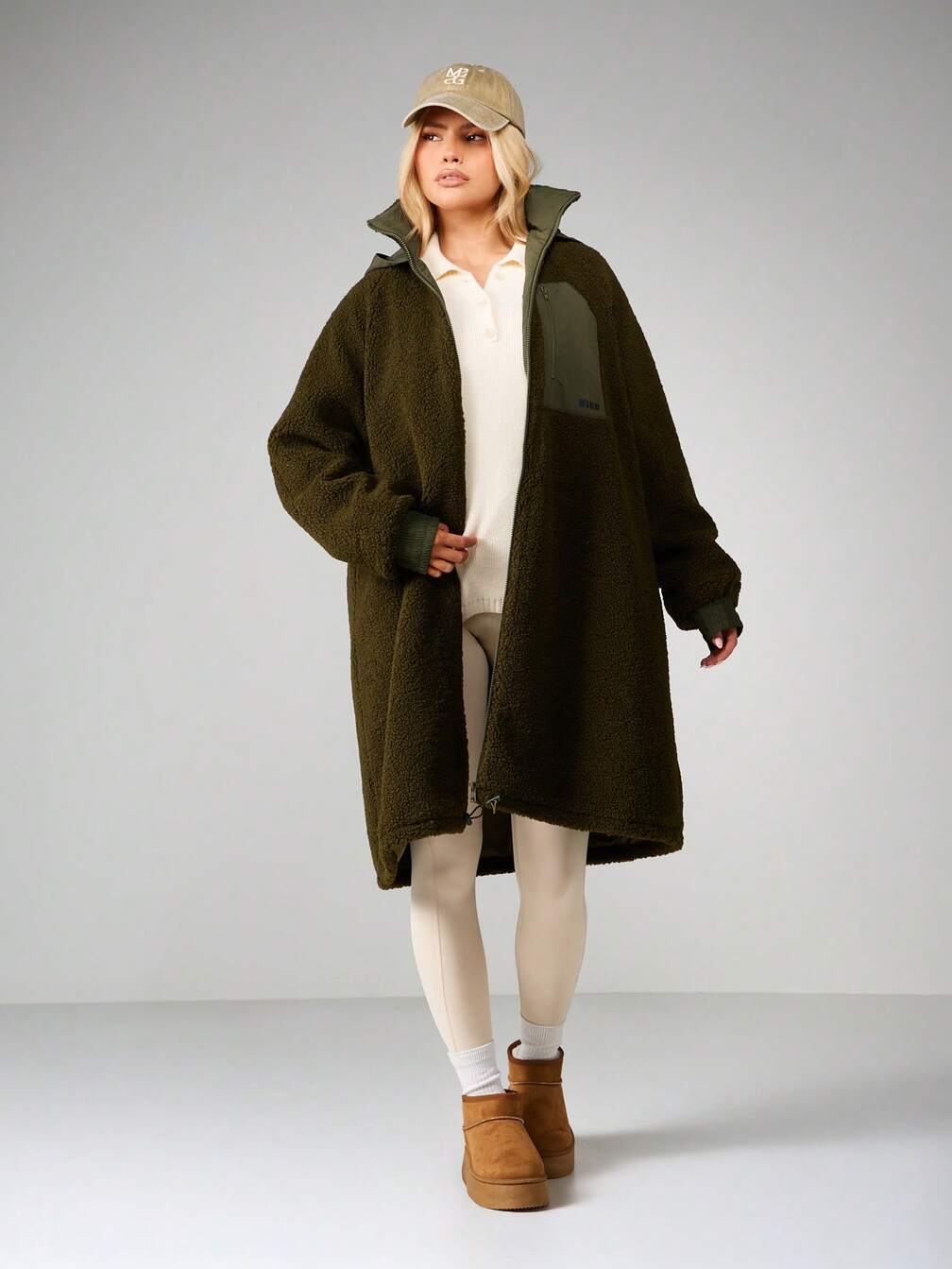 MISSGUIDED Oversized Longline Borg Fleece Zip Coat With Hood