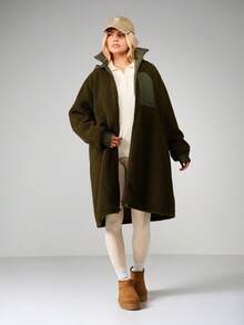 MISSGUIDED Palton lung supradimensionat pentru femei, din fleece Borg, cu fermoar și glugă, pentru toamnă-iarnă, casual - Verde Armată - Vizualizare 1
