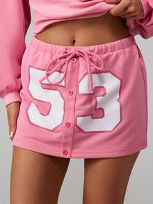 Missguided x Playboy Mini Button Front Skirt With Rhinestone Number Applique Drawstring Waist - Watermelon Pink - View 2