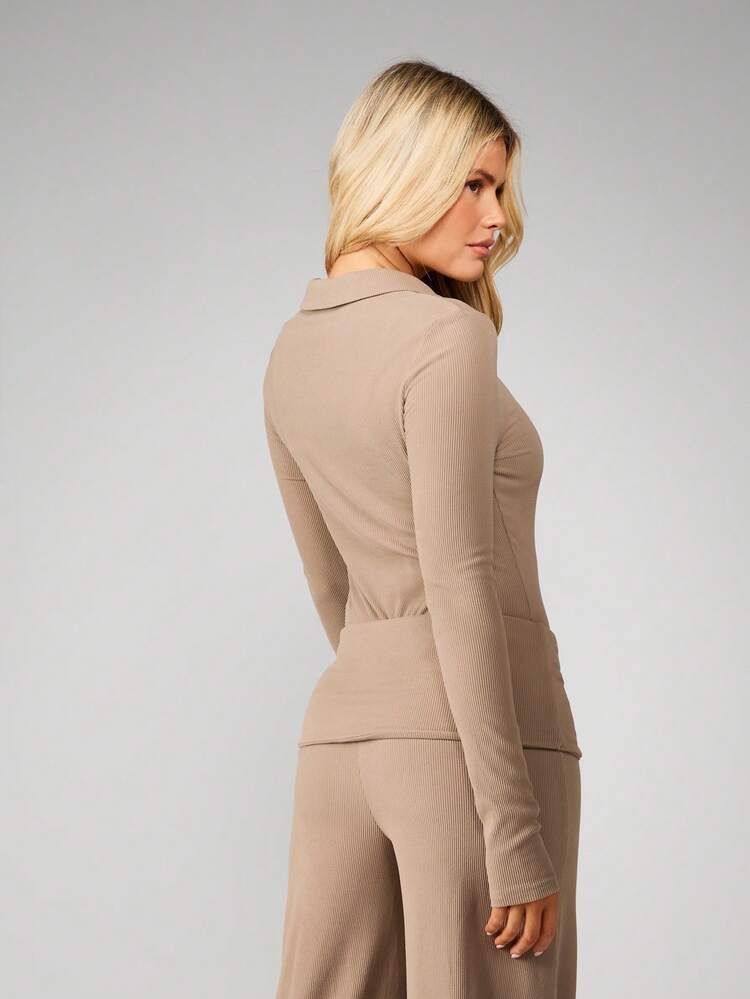 MISSGUIDED Ribbed Knit Long Sleeve Collared Bodysuit For Women Fall Winter Casual Loungewear