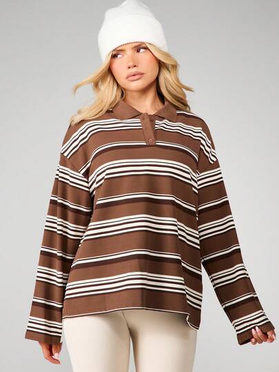 MISSGUIDED Retro Rugby Polo Top Long Sleeve Relaxed Fit Stripe Knit Shirt Fall Winter Casual Preppy College Style Weekend Leisure Wear