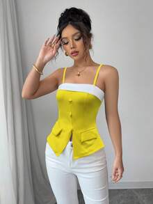 Franclia 撞色肩带女士背心，纽扣装饰肩带女士背心 - 黃色 - 查看 5