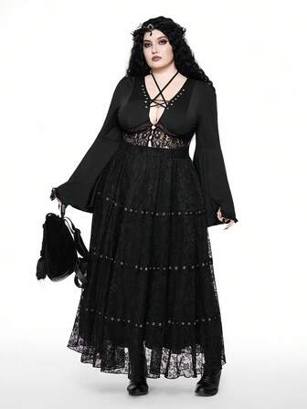 Plus Size Vintage Gothic Elegant Bell Sleeve Lace Patchwork Pentagram Tie Neck Blouse, Autumn/Winter Plus Size Gothic Fashion Lady Sexy Ladies Long Sleeve Top, Black