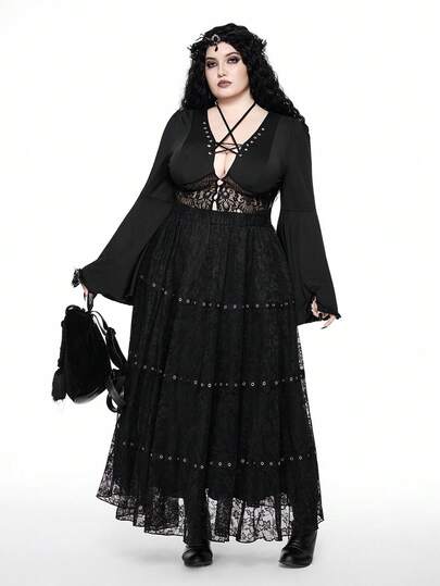 Plus Size Vintage Gothic Elegant Bell Sleeve Lace Patchwork Pentagram Tie Neck Blouse, Autumn/Winter Plus Size Gothic Fashion Lady Sexy Ladies Long Sleeve Top, Black